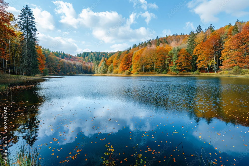 Fototapeta premium A panoramic view of a serene forest lake reflecting the vibrant colors of autumn.