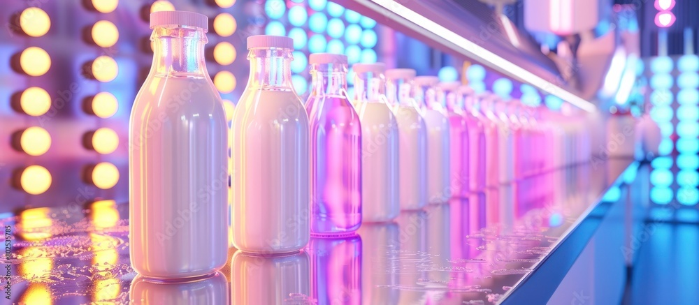 Colorful Lighting on a Modern Milk Bottle Capping Machine in a Factory