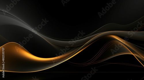 Abstract black gold wave background. Abstract 3d black background with gold lines curved wavy sparkle with copy space for text. Three-dimensional dark golden wave and black background.