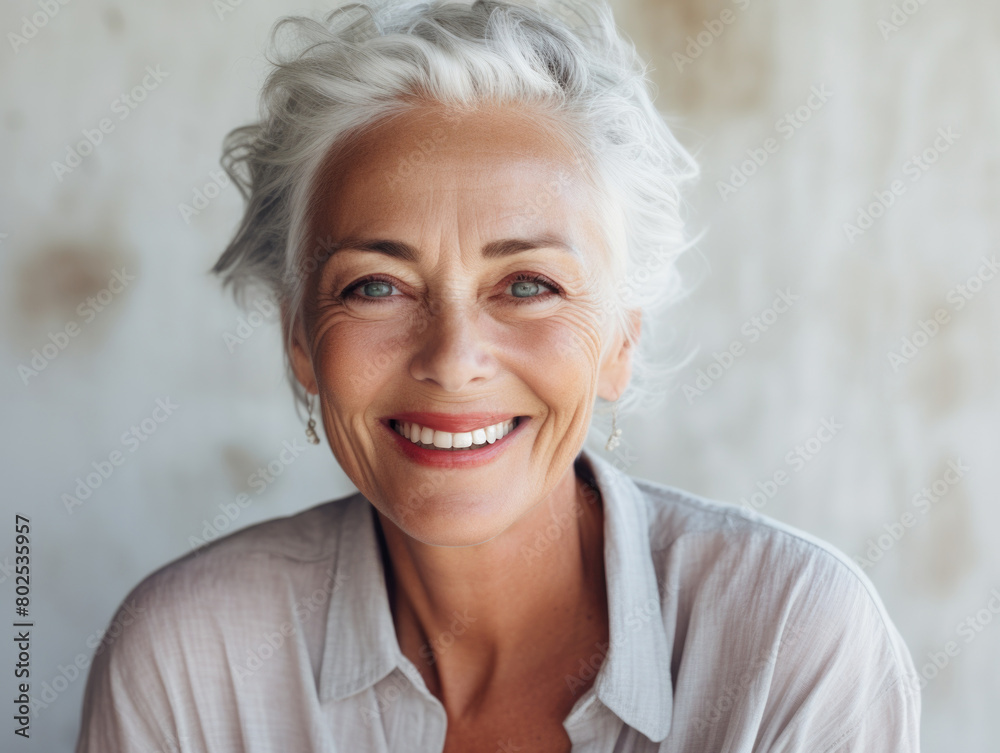 A woman with a smile on her face is wearing a white shirt A woman with a smile on her face is wearing a white shirt
