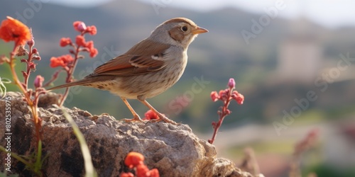 A small bird is perched on a rock in front of a field of red flowers photo