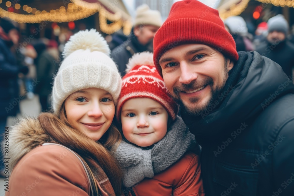 Obraz premium A family of three, a man and two children, are posing for a picture in the snow