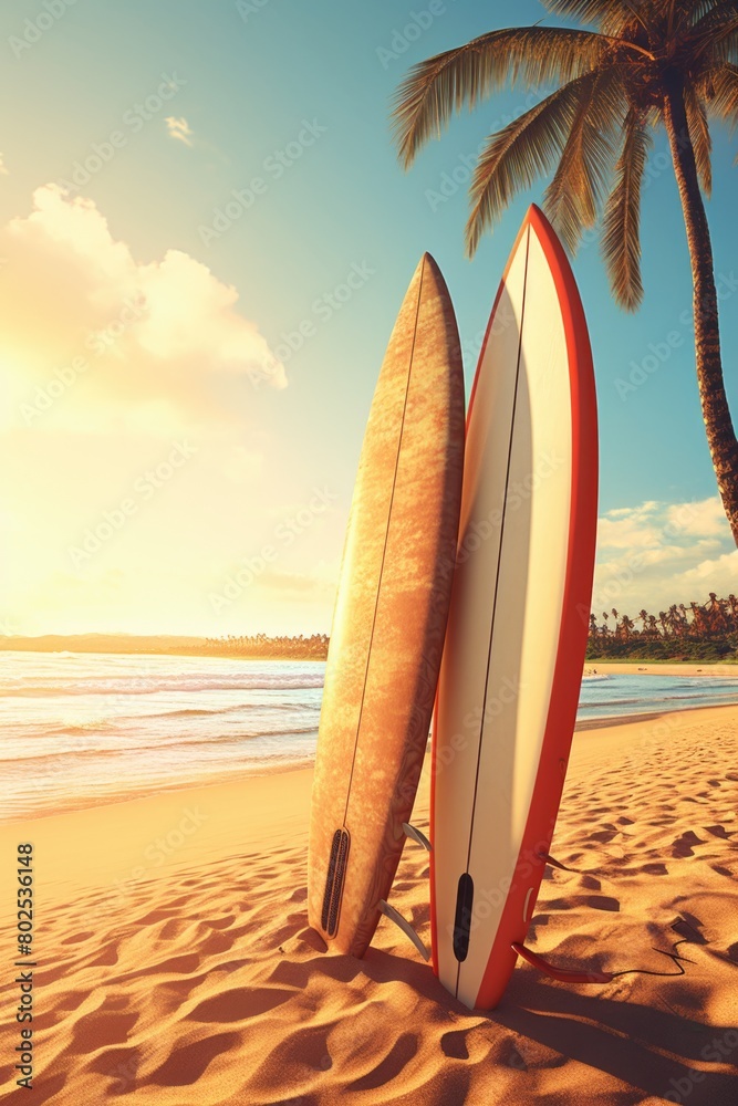 Two surfboards are laying on the beach, one of which is red Two surfboards are laying on the beach, one of which is red