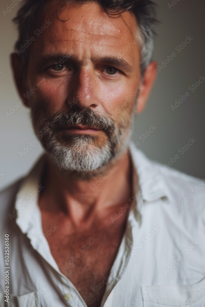 A man with a beard and a mustache is wearing a white shirt