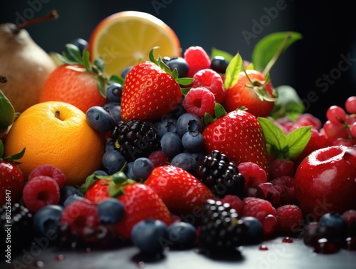A colorful assortment of fruits including apples  oranges  strawberries