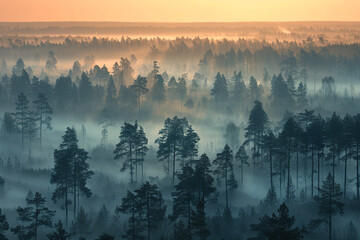 Canvas schilderij Mistig bos A panoramic view of a mist-covered forest at dawn, with the first rays of sunlight peeking through.  © Nature Lover