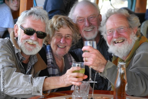 Group of senior friends toasting with glasses of champagne in a pub