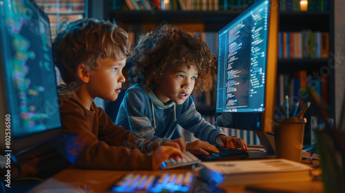 Two children, one with curly hair, the other with straight hair, deeply engaged in coding neural networks on a shared computer photo