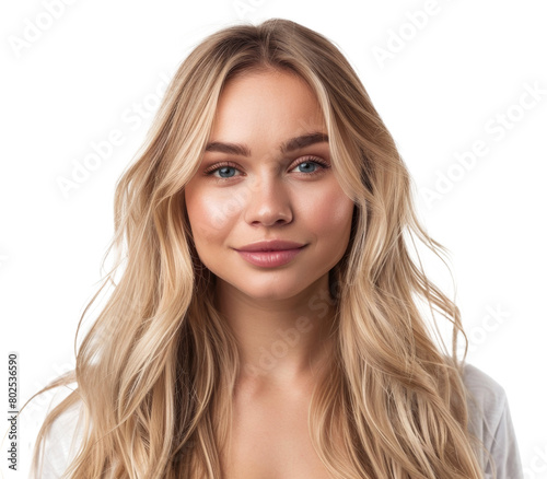 Smiling young blonde woman with curly hair on isolated on transparent background