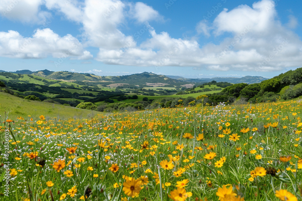 A panoramic view of a flower-filled meadow, with rolling hills in the distance.