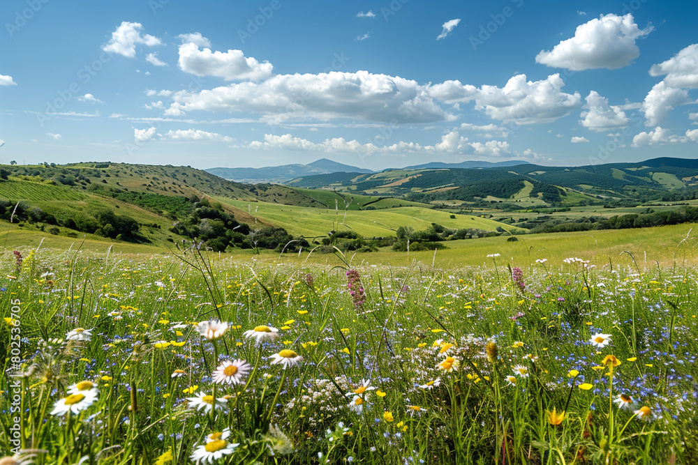A panoramic view of a flower-filled meadow, with rolling hills in the distance. A panoramic view of a flower-filled meadow, with rolling hills in the distance.