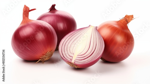 Fresh Red Onions on a White Background with a Half Sliced Onion Showing Inner Layers.