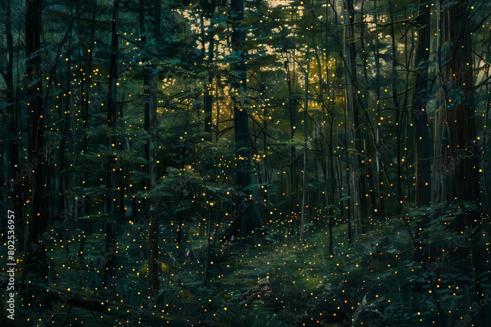 Obraz premium A panoramic view of a dense forest illuminated by the soft glow of fireflies.