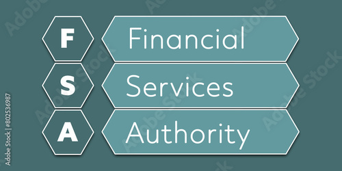 FSA Financial Services Authority. An Acronym Abbreviation of a financial term. Illustration isolated on cyan blue green background