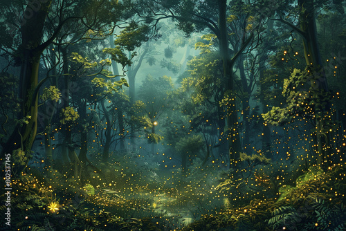 A panoramic view of a dense forest illuminated by the soft glow of fireflies.