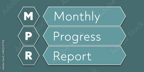 MPR Monthly Progress Report. An Acronym Abbreviation of a financial term. Illustration isolated on cyan blue green background photo