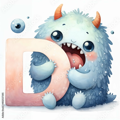 Whimsical Plush Monster Biting Letter D - AI generated digital art
