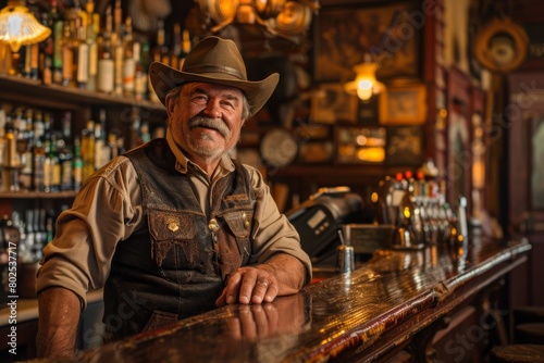A rugged  smiling cowboy in a saloon setting  leaning casually against a polished bar