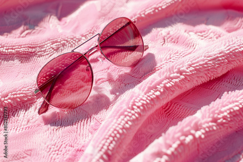 A pair of pink sunglasses laying on a pink beach towel. © Nature Lover
