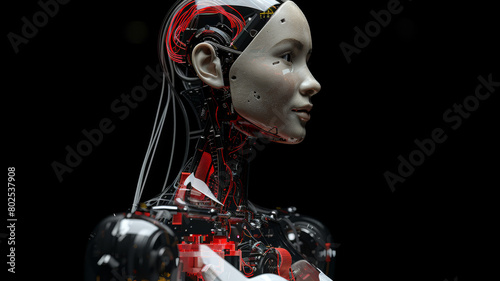 A woman with a robotic face and a red head photo