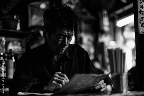 A man engrossed in reading a menu in a dimly lit bar, captured in a high-contrast black and white, artistic monochrome photography style