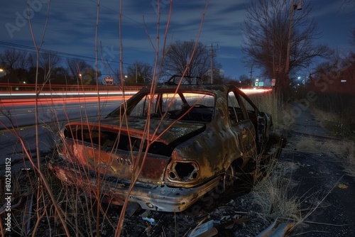 A haunting night scene featuring the skeletal remains of a burnt-out car by the roadside photo