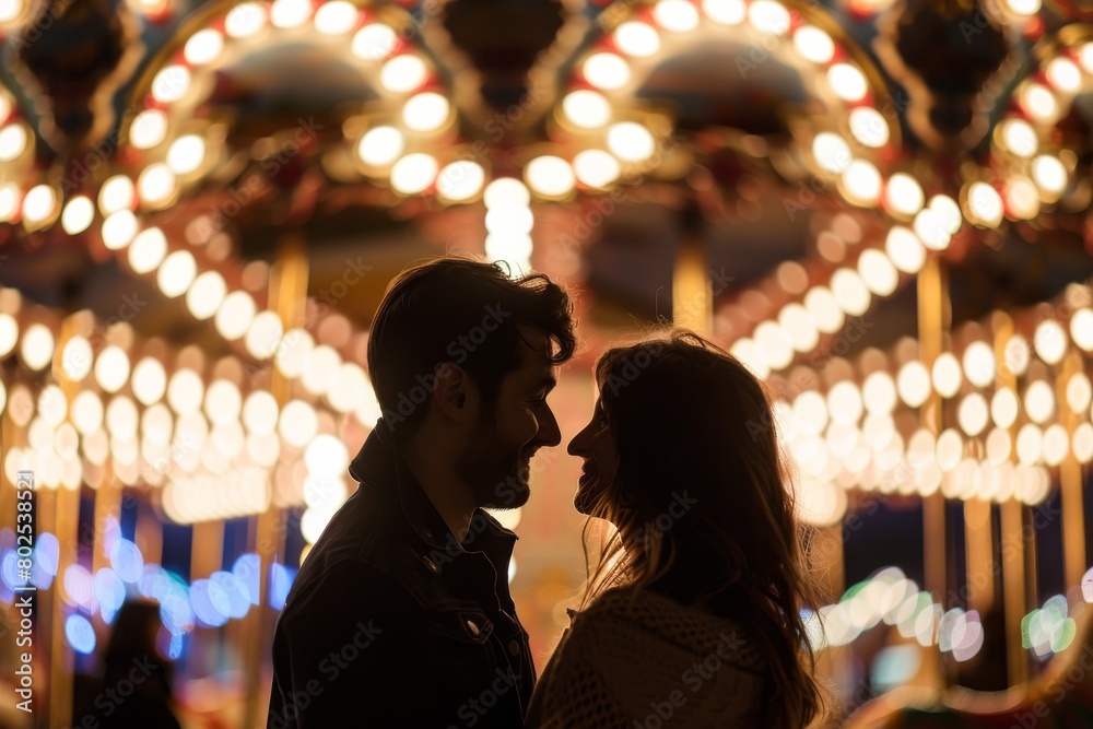 A silhouetted couple sharing a kiss by the bright lights of a carousel at night