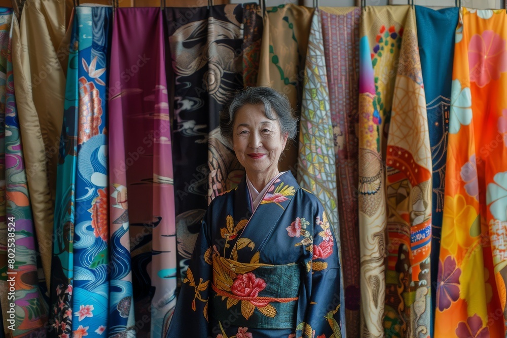 Fototapeta premium Japanese woman standing amidst colorful traditional kimonos, displaying cultural beauty