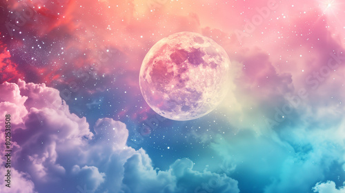 Majestic cosmic scene with vibrant pink moon and nebula clouds