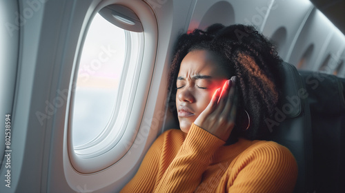 earache on the plane. Beautiful young African American woman feels ear pain while flying on an airplane, suffering from depressurization photo