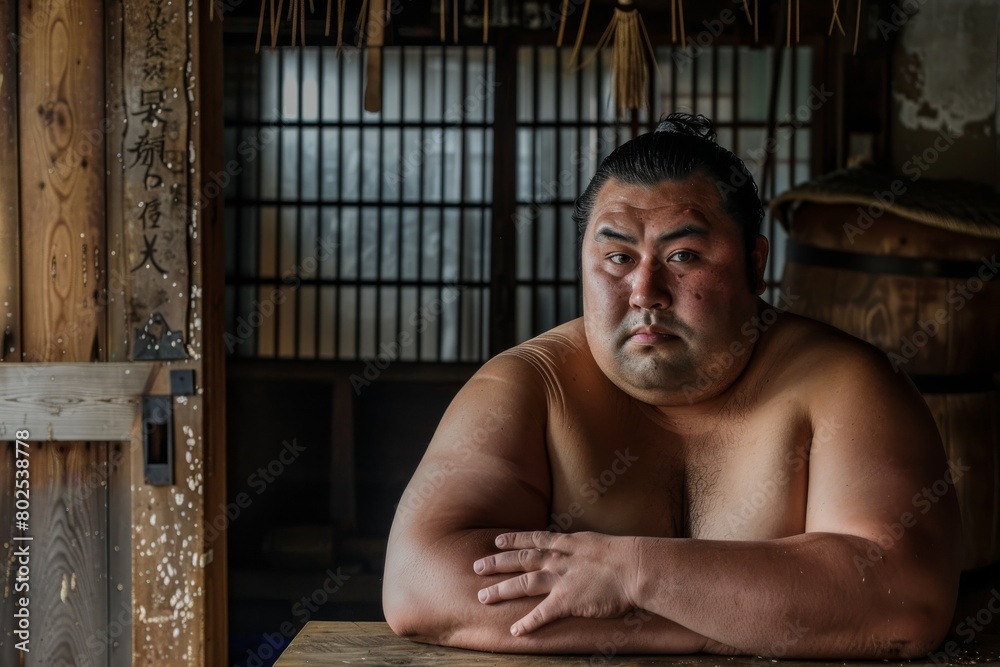 A sumo wrestler poses solemnly inside a traditional Japanese room with