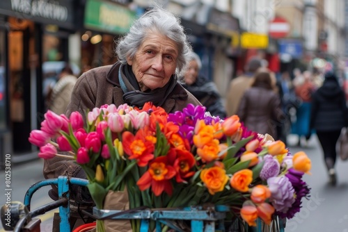 An elderly female flower seller gazes attentively on a bustling city street, her bicycle filled with vibrant tulips © ChaoticMind