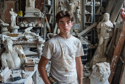 A focused adolescent in a white t-shirt covered in dust in a sculpture-filled workshop