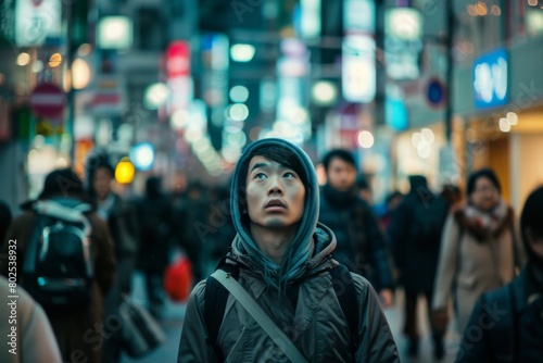 A man looks up, intrigued, in a busy, neon-lit city scene during night-time, with blurred passersby