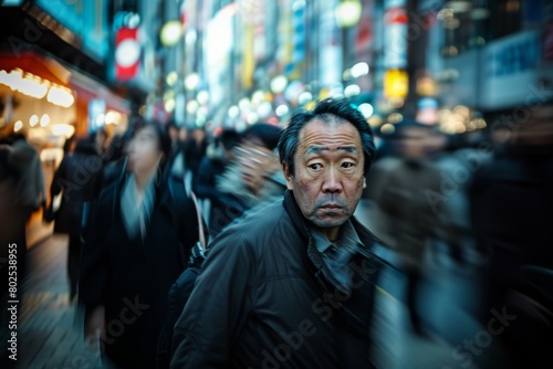 An older man with an intense expression stands out in a fast-paced, blurry city environment