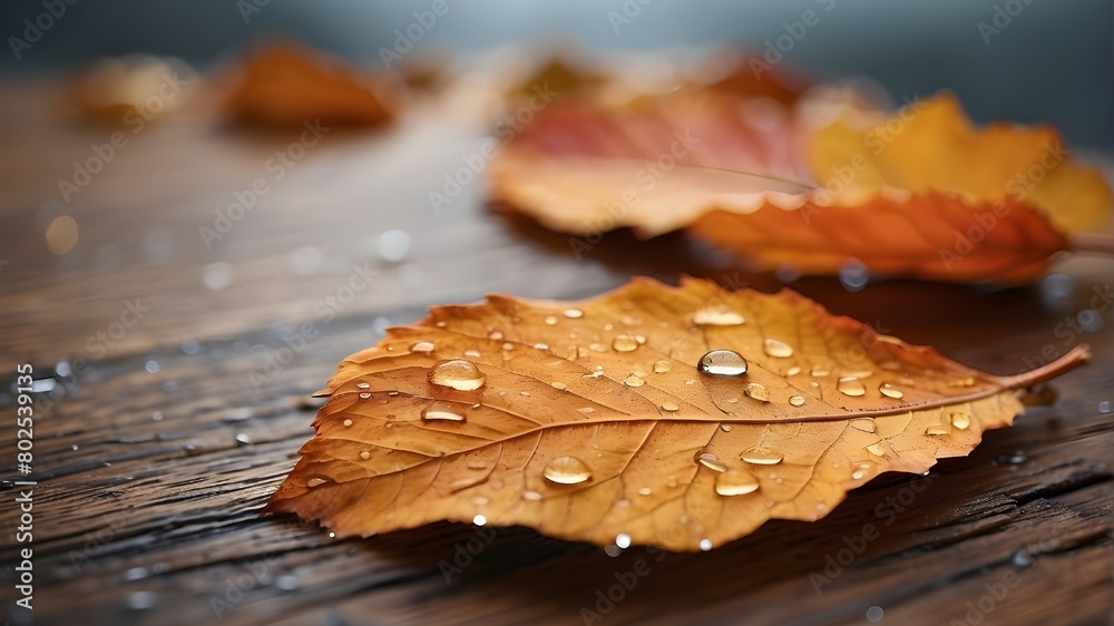 A wooden surface featuring water droplets on an autumn leaf A wooden surface featuring water droplets on an autumn leaf