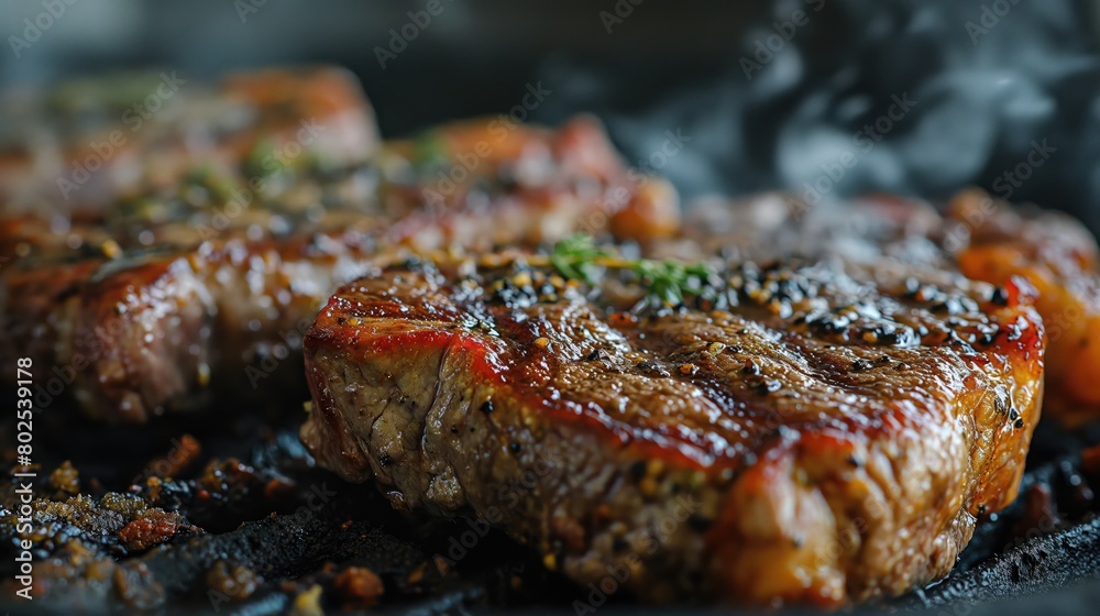 Beef steaks on the grill. Created with Generative AI. Beef steaks on the grill. Created with Generative AI.