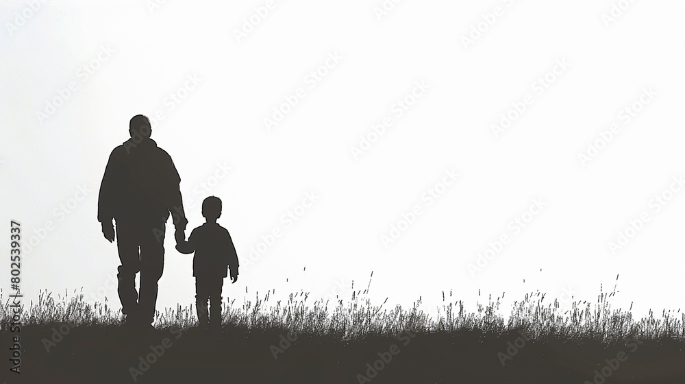 Black and white silhouettes of a father and son walking. Black and white silhouettes of a father and son walking.