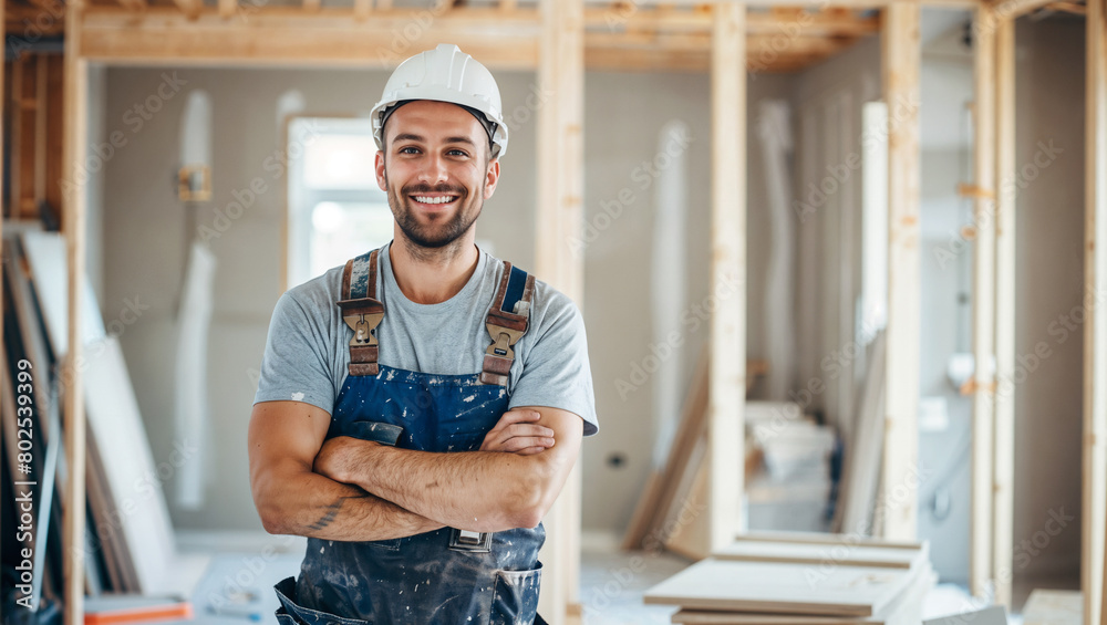 Happy construction worker wearing a hardhat working in a home, house renovation and builder concept Happy construction worker wearing a hardhat working in a home, house renovation and builder concept