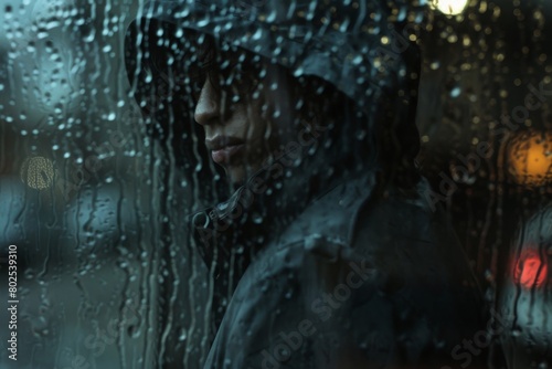 Close-up of a thoughtful man by rain-streaked window  offering a window to his soul