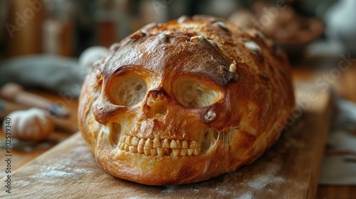 Fresh and crusty bread in the shape of a skull. Created with generative AI.
