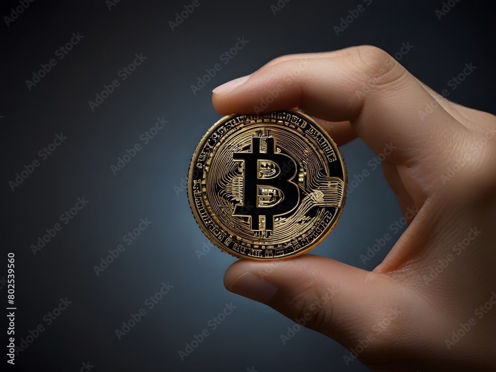 A person holding a physical Bitcoin coin against a digital background. A person holding a physical Bitcoin coin against a digital background.