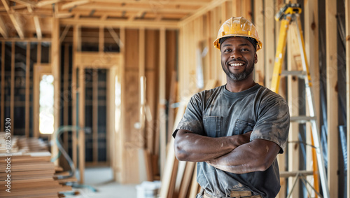 Happy black man construction worker wearing a hardhat working in a home, house renovation and builder concept