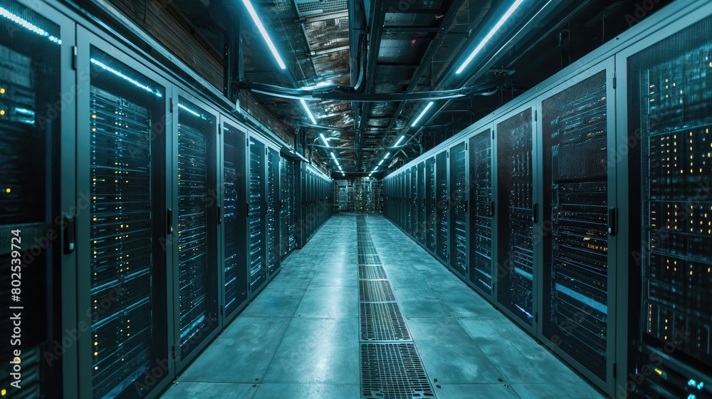 Fototapeta premium Server racks in server room data center. Created with Generative AI.