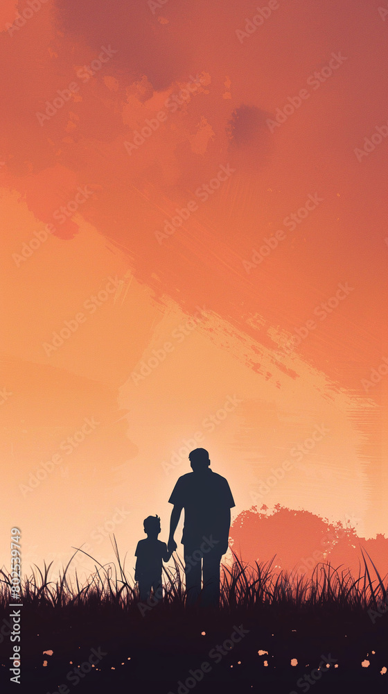 Silhouette father and child holding hands in sunrise, in field.