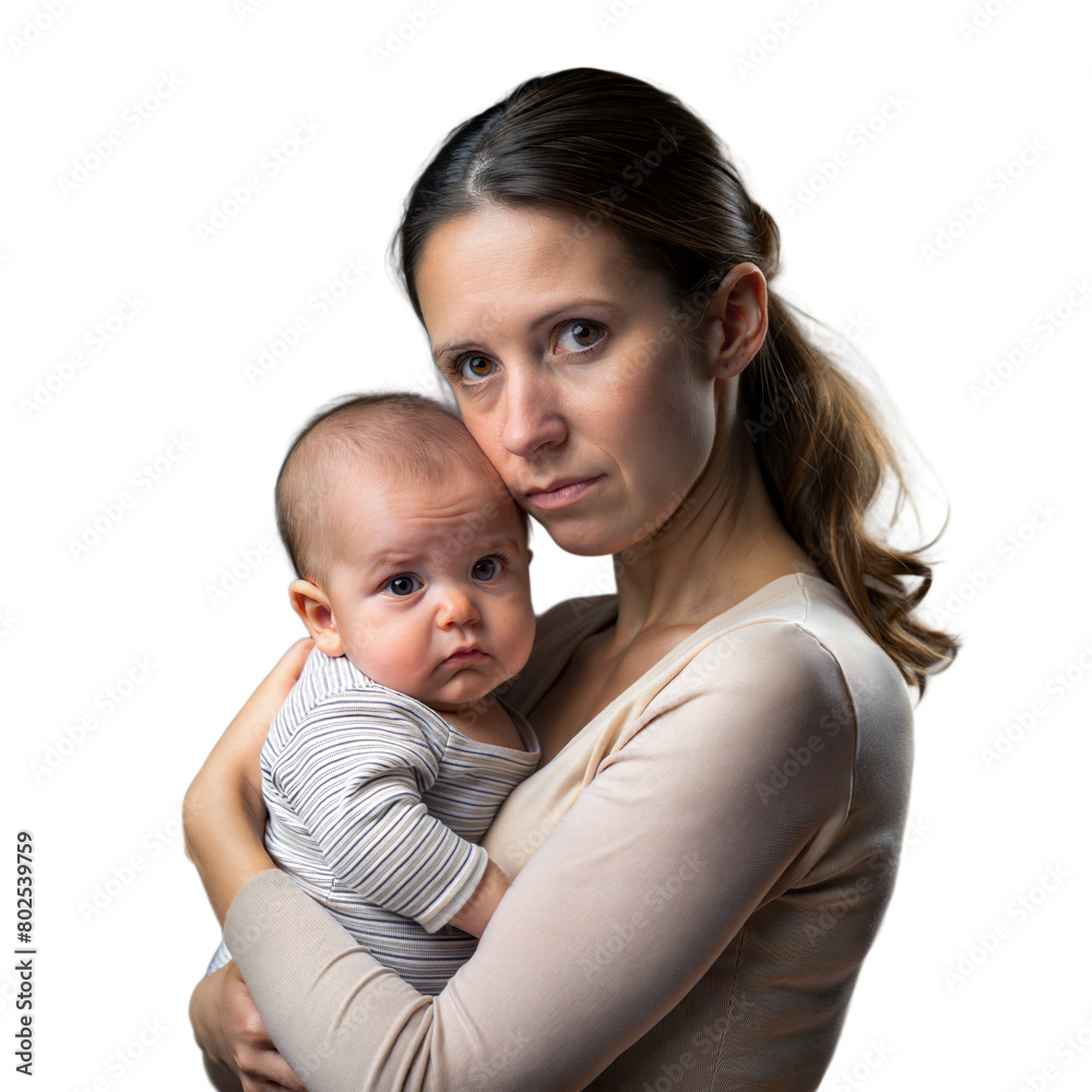 Young Mother Holding Her Infant Child With Protective Gaze, Transparent Background Young Mother Holding Her Infant Child With Protective Gaze, Transparent Background
