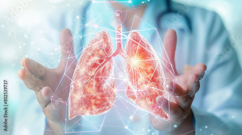 Doctor holding of lungs hologram photo