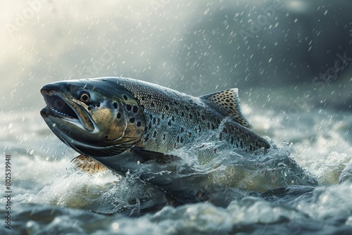 A brown trout leaps out of liquid, showcasing its fin photo