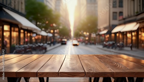 An empty wooden table with a blurred city street in the background.