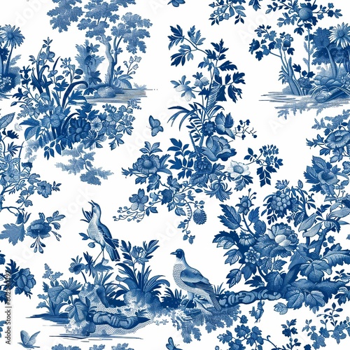 French toile repeating design, blue floral seamless pattern